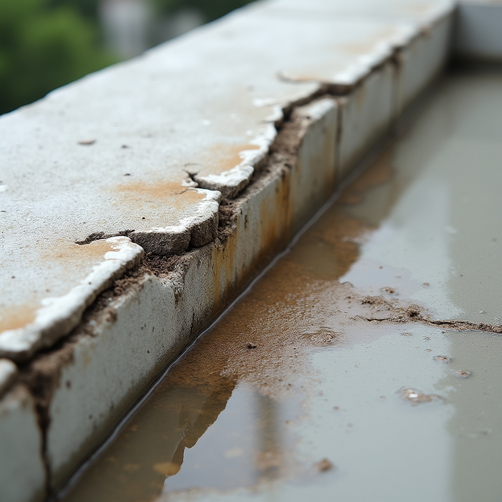 Balcone con guaina deteriorata e segni di infiltrazione prima dell'intervento