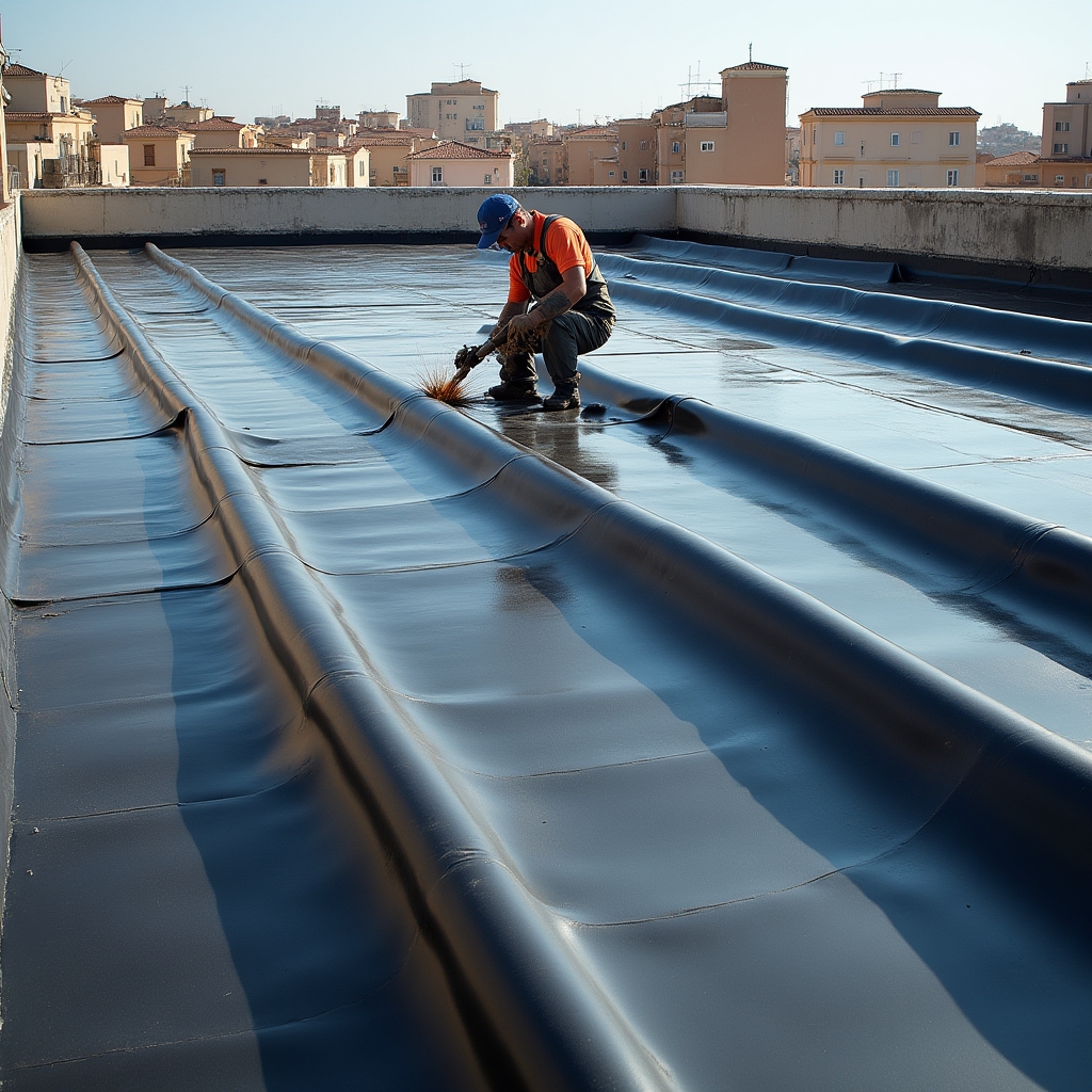 Posa di membrana impermeabilizzante in rotolo su lastrico solare condominiale con saldatura a fiamma