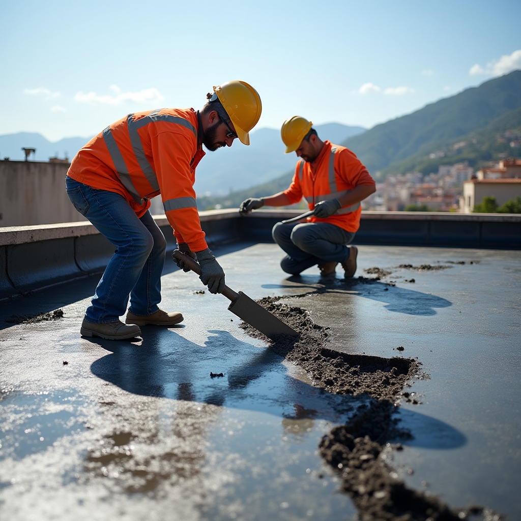 Operaio che rimuove guaina impermeabilizzante deteriorata da lastrico solare