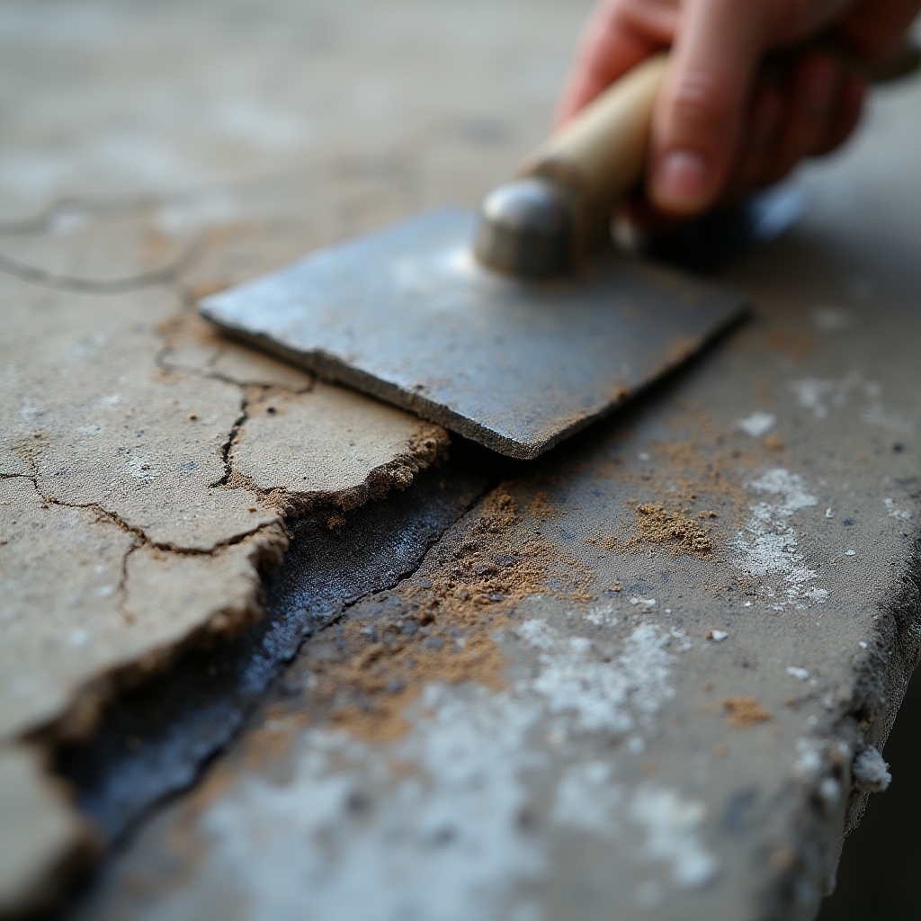 Dettaglio della rimozione di guaina bituminosa deteriorata da terrazzo con attrezzi professionali